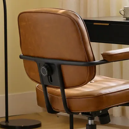 Brown Leather Upholstered Adjustable Swivel Office Chair Image - 3