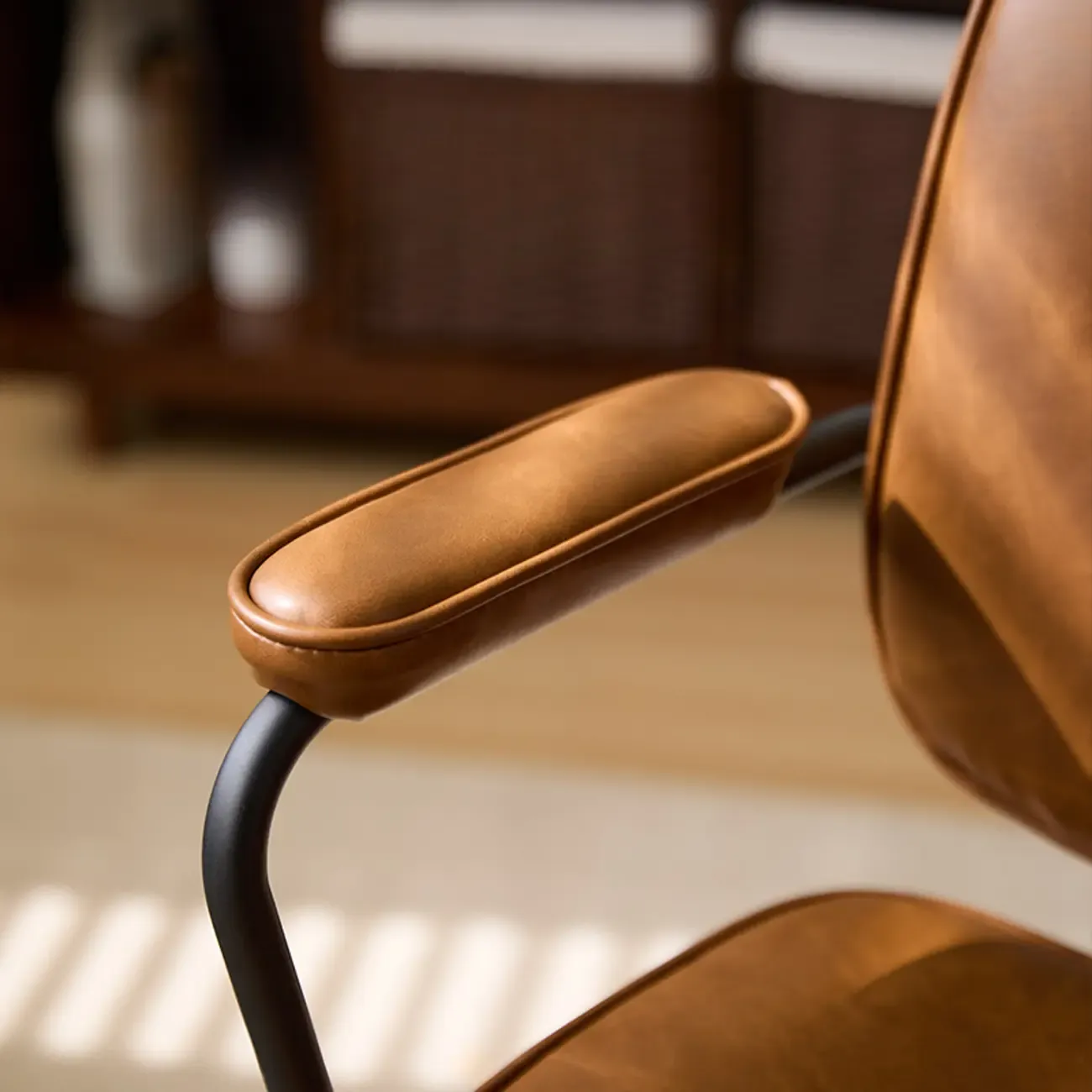 Brown Leather Upholstered Adjustable Swivel Office Chair Image - 4