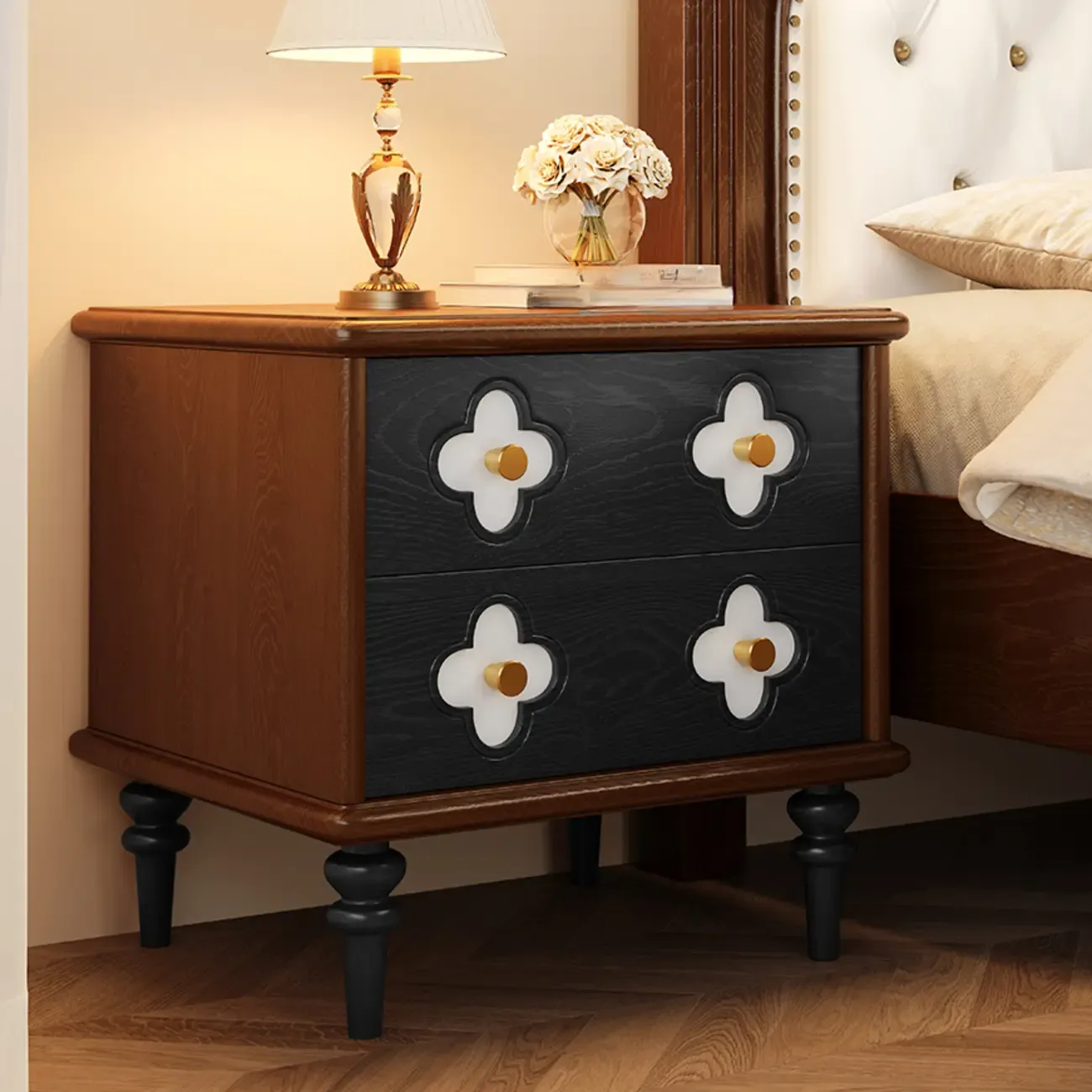 Mid Century Modern Wood Narrow Nightstand Floral Pattern Image - 1