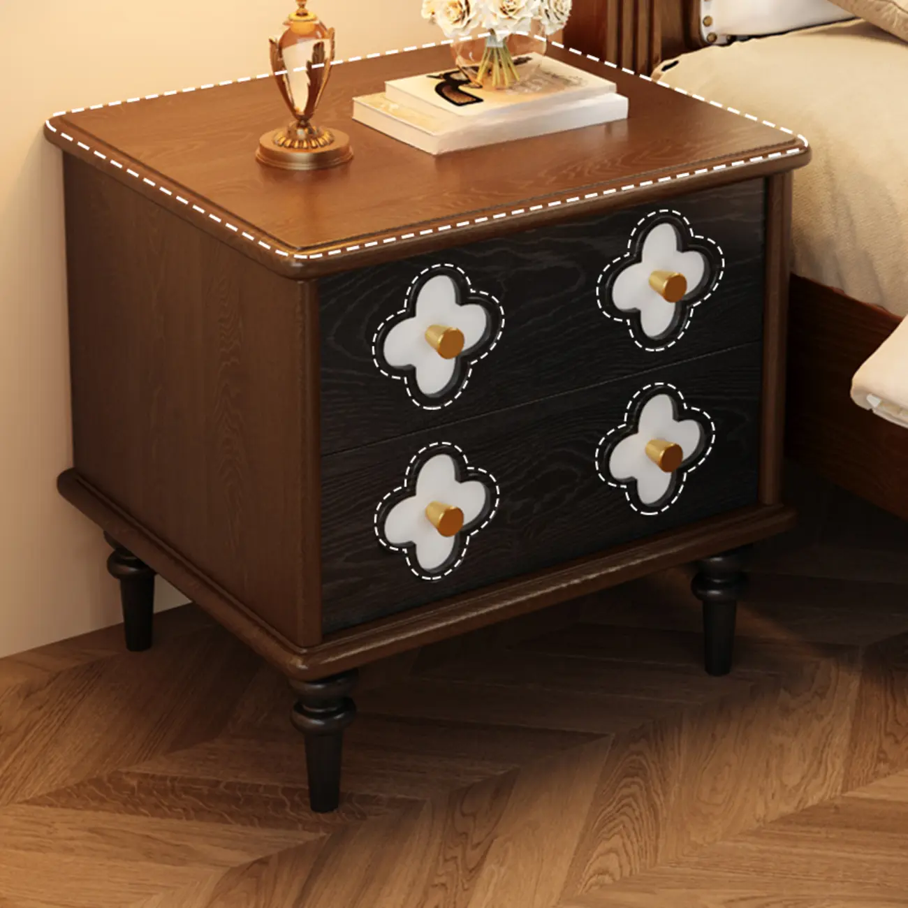 Mid Century Modern Wood Narrow Nightstand Floral Pattern Image - 2 | homeyfad