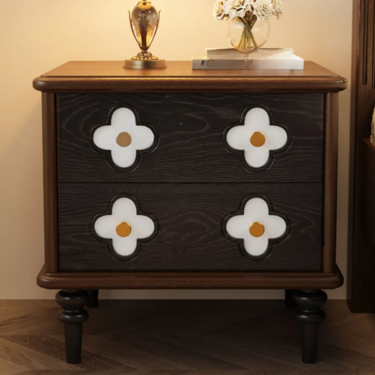 Mid Century Modern Wood Narrow Nightstand Floral Pattern Image - 3 | homeyfad