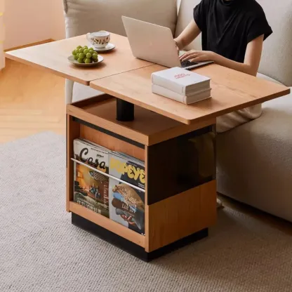 Multifunctional Lift Top Natural Wood Rolling Coffee Table Image - 1