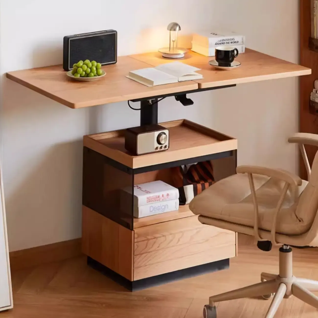 Multifunctional Lift Top Natural Wood Rolling Coffee Table Image - 2