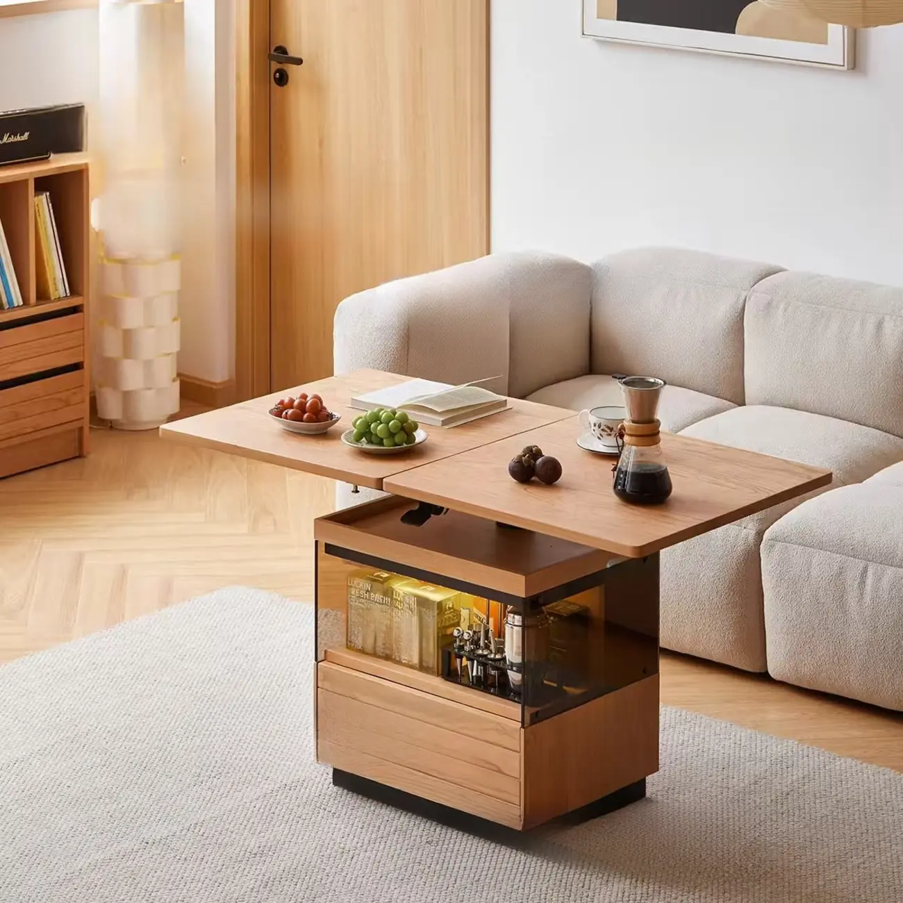 Multifunctional Lift Top Natural Wood Rolling Coffee Table Image - 3 | homeyfad