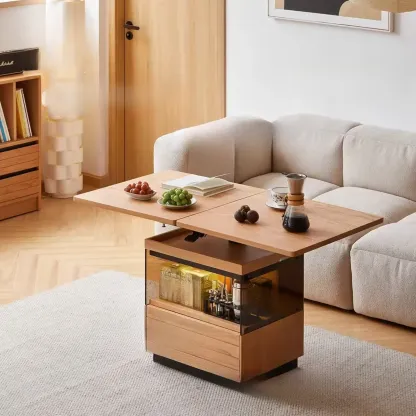 Multifunctional Lift Top Natural Wood Rolling Coffee Table Image - 3