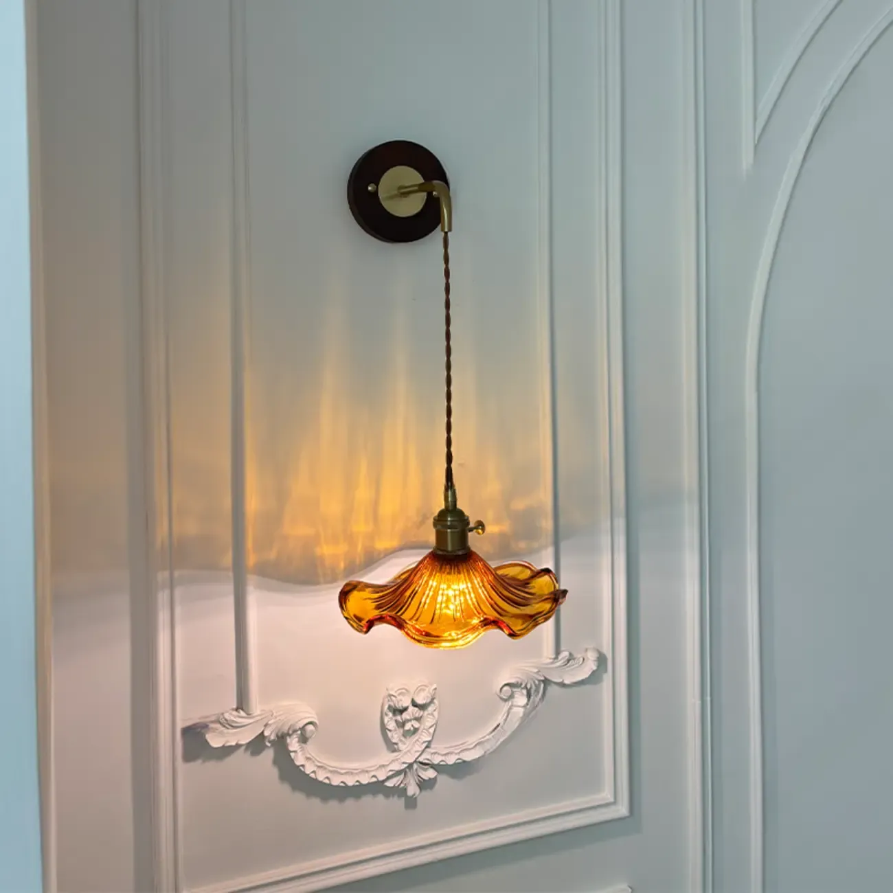 Vintage Glass Shade Wall Sconce with Brass Details Image - 3