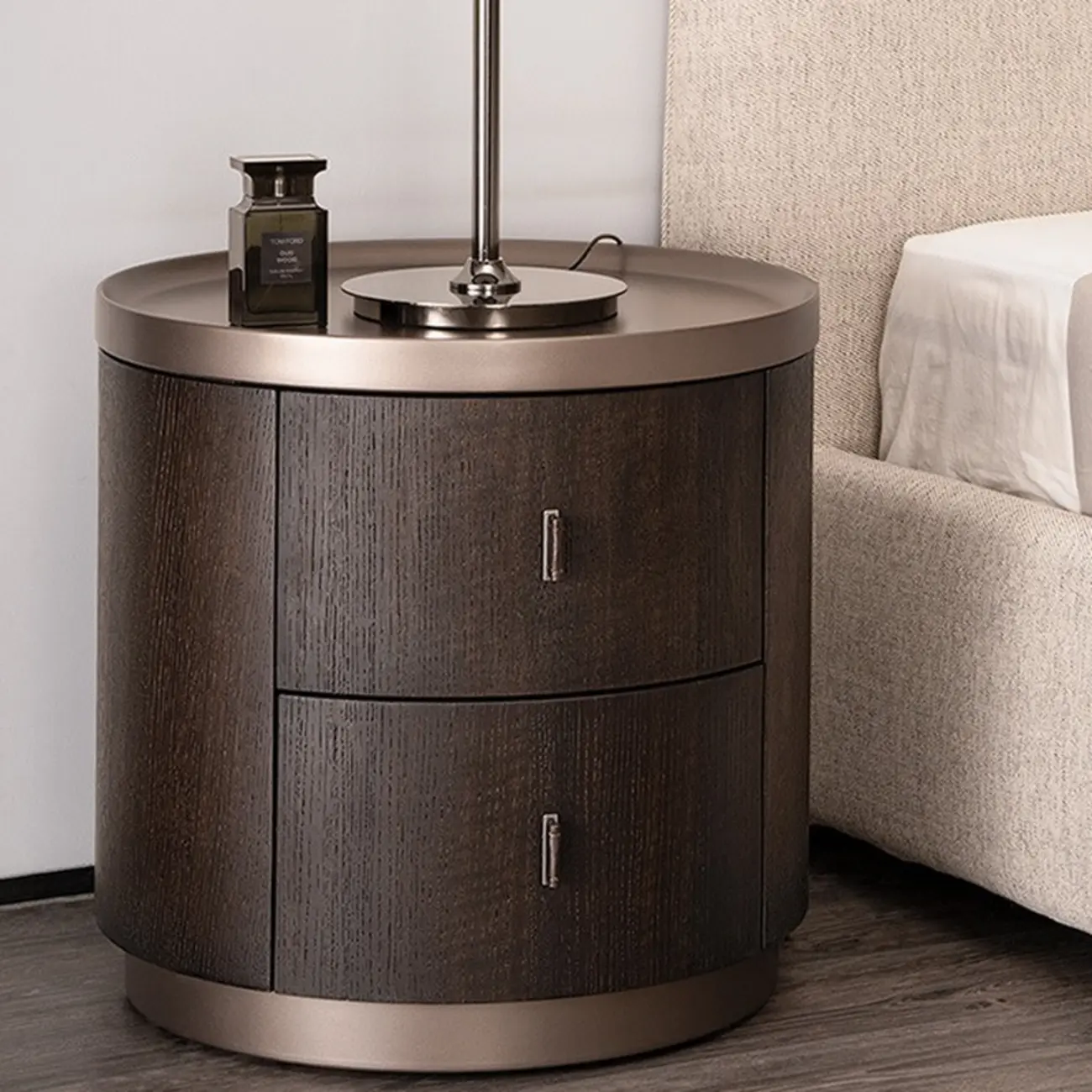 Luxury Brown Alloy Wood Round Nightstand 2-drawer Image - 1 | homeyfad