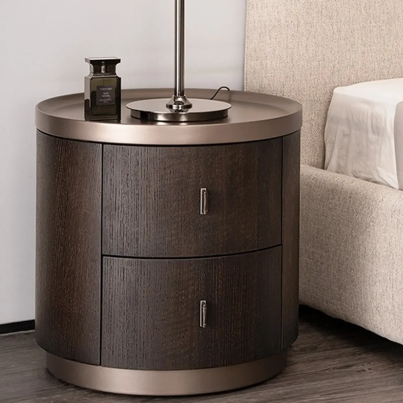 Luxury Brown Alloy Wood Round Nightstand 2-drawer Image - 1