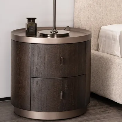 Luxury Brown Alloy Wood Round Nightstand 2-drawer Image - 1