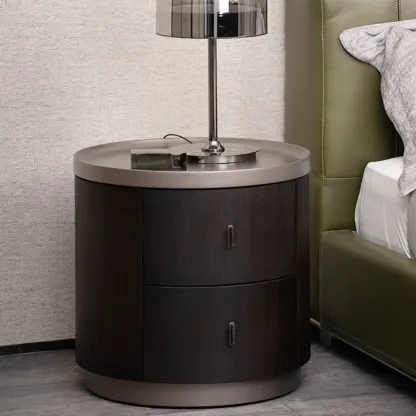 Luxury Brown Alloy Wood Round Nightstand 2-drawer Image - 3