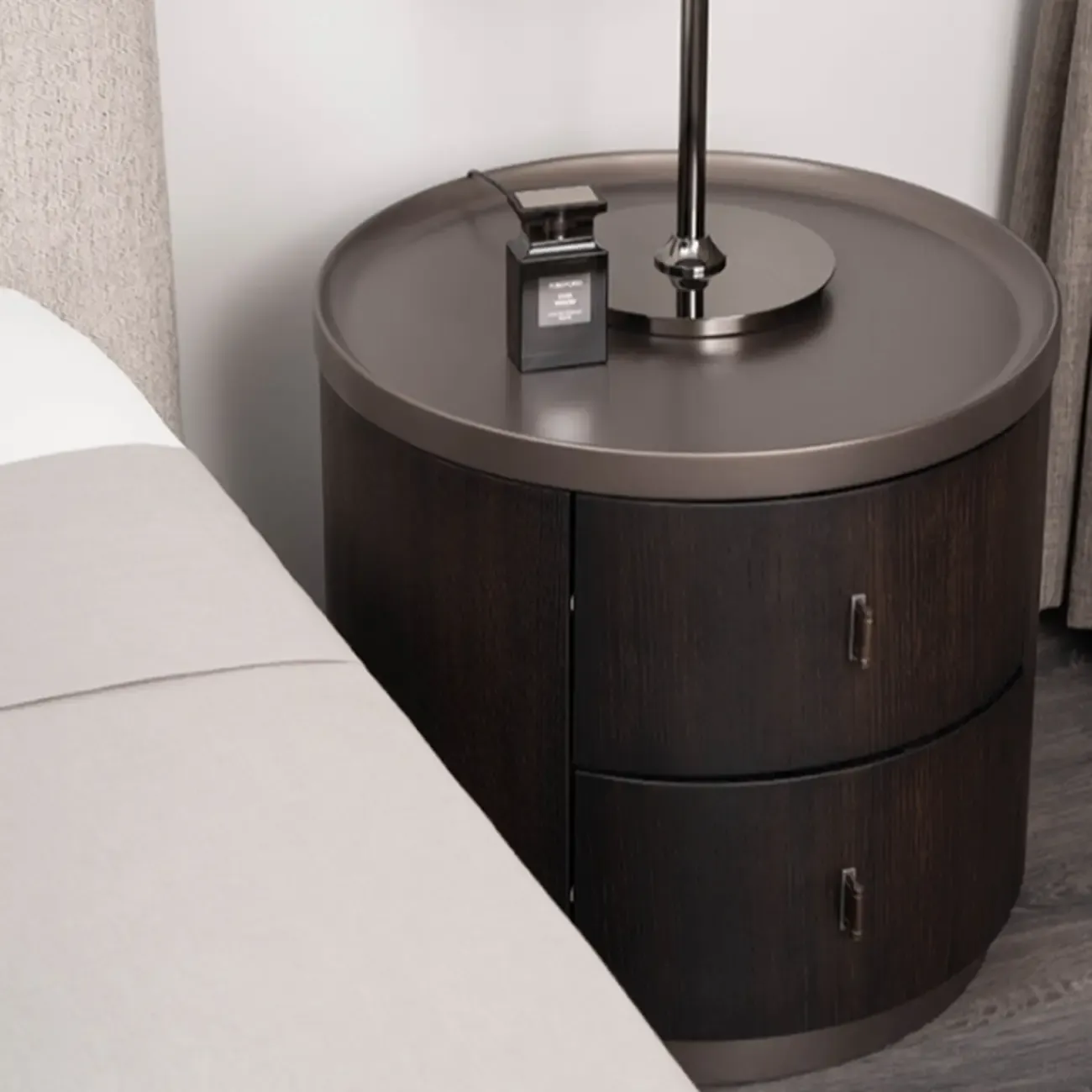 Luxury Brown Alloy Wood Round Nightstand 2-drawer Image - 4