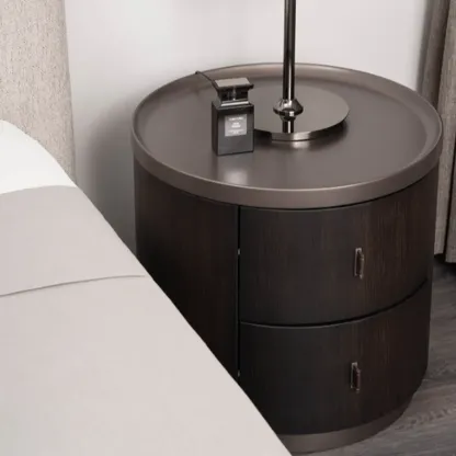 Luxury Brown Alloy Wood Round Nightstand 2-drawer Image - 4