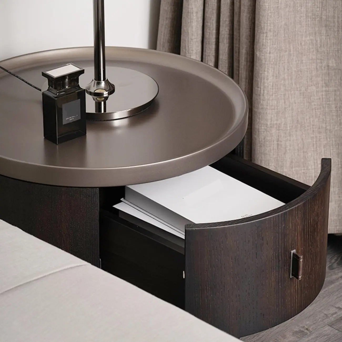 Luxury Brown Alloy Wood Round Nightstand 2-drawer Image - 5 | homeyfad