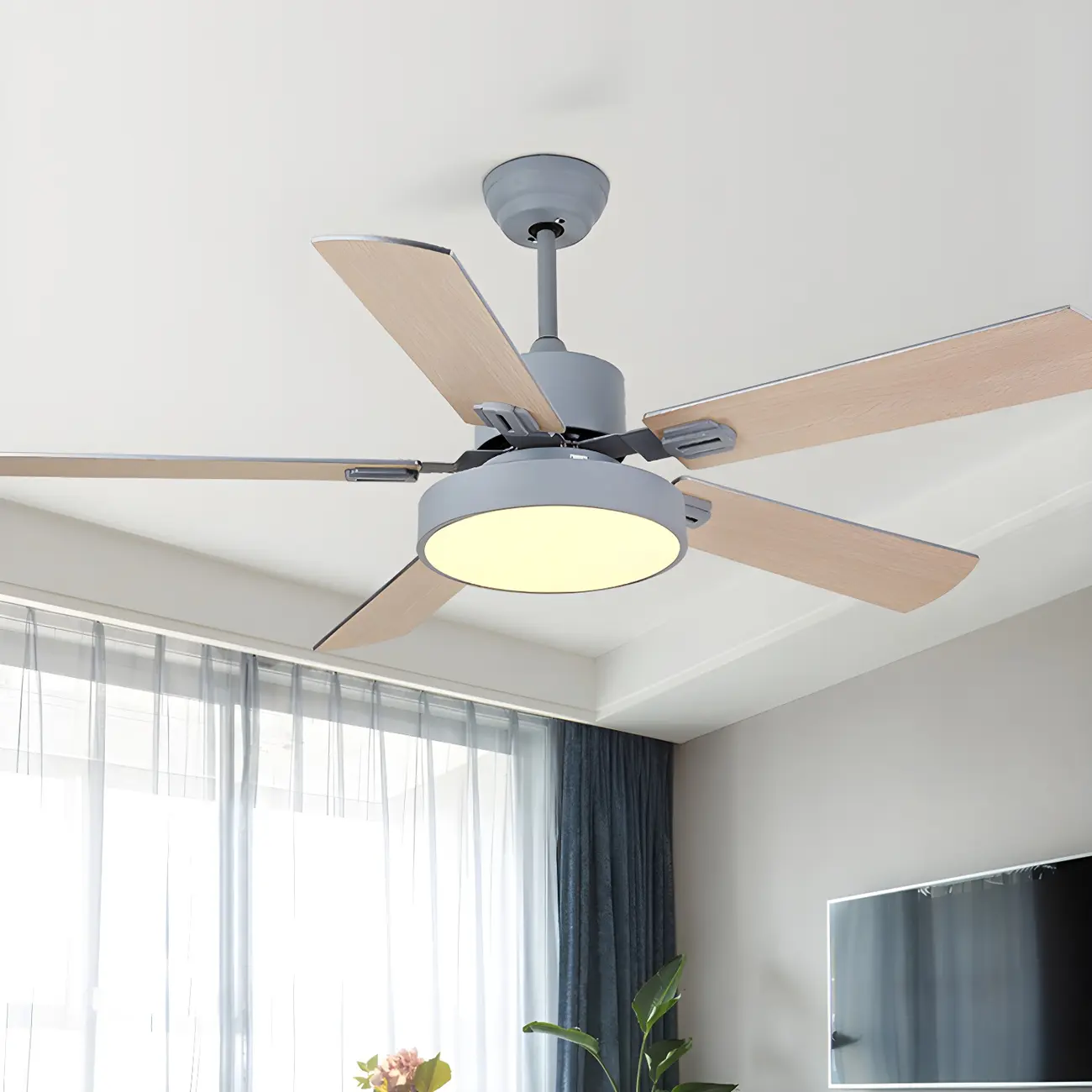 Traditional Wood Blade Flushmount Ceiling Fan with Light Image - 2 | homeyfad