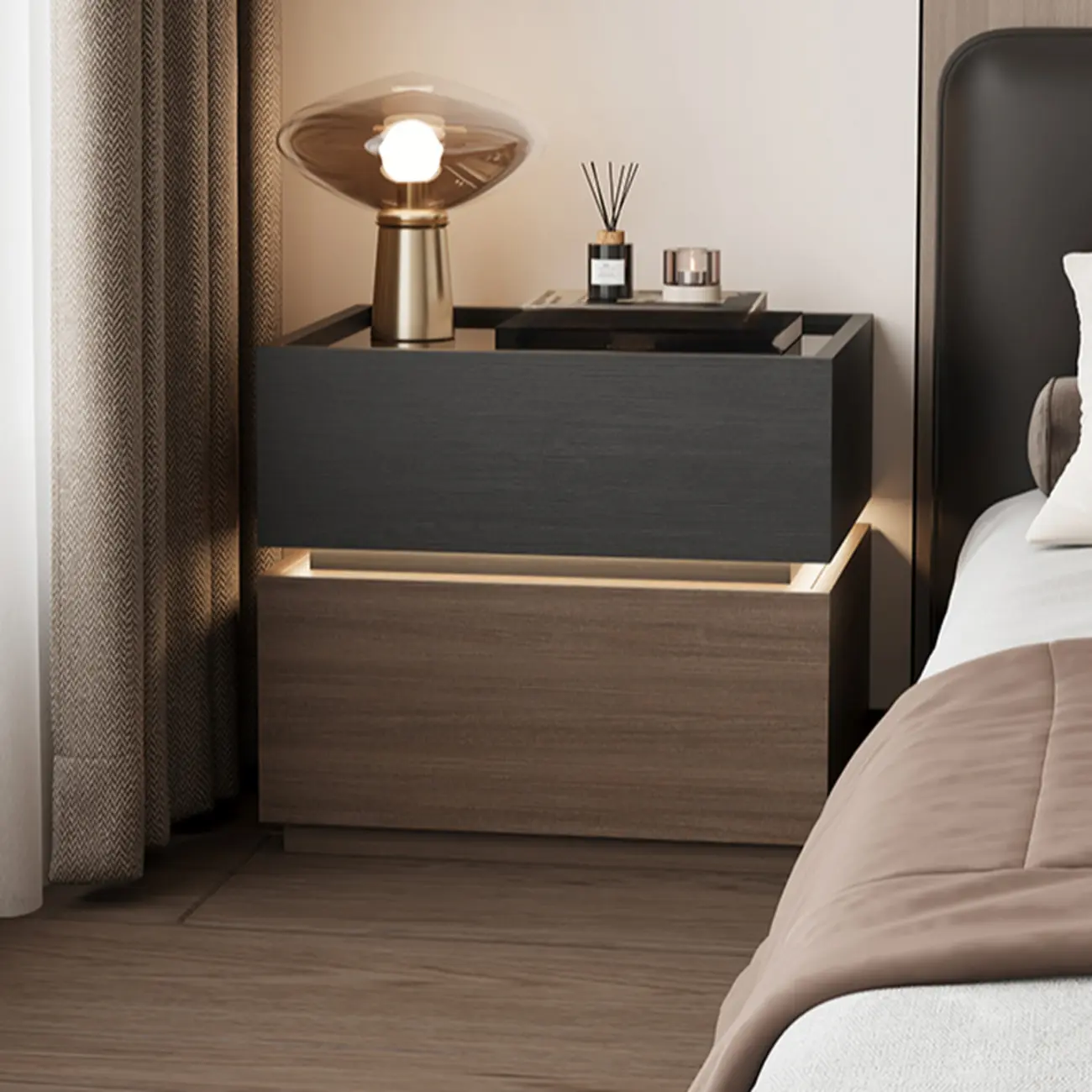 Illuminated Modern Wood Glass Nightstand Storage Image - 1 | homeyfad