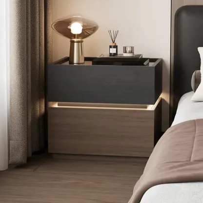 Illuminated Modern Wood Glass Nightstand Storage Image - 1