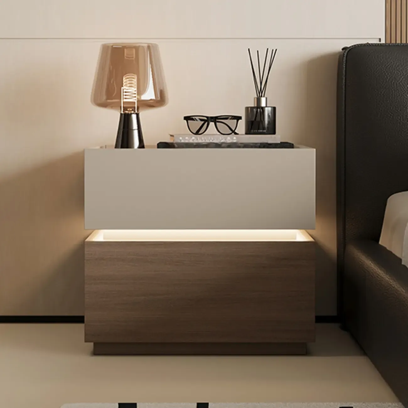 Illuminated Modern Wood Glass Nightstand Storage Image - 4