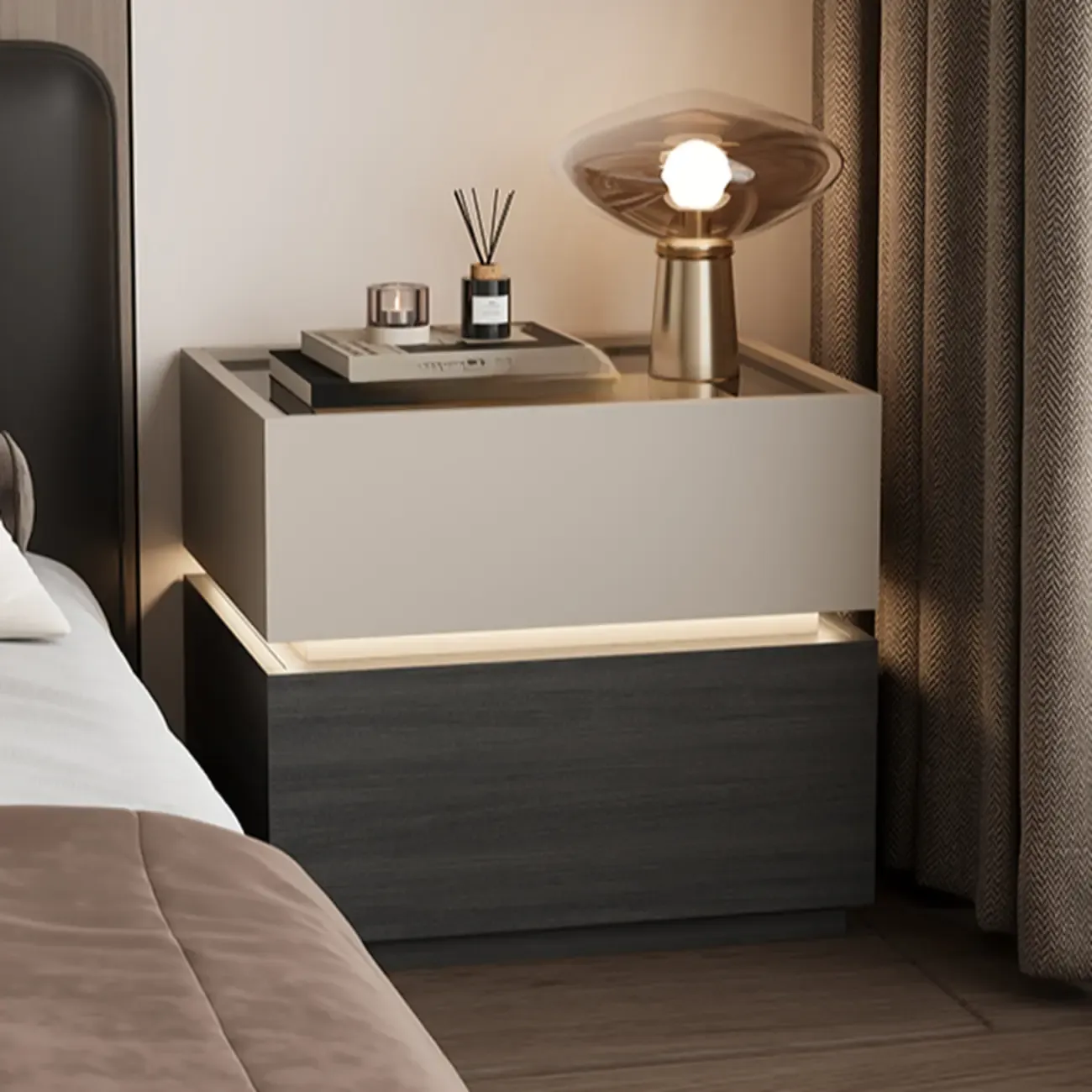 Illuminated Modern Wood Glass Nightstand Storage Image - 6