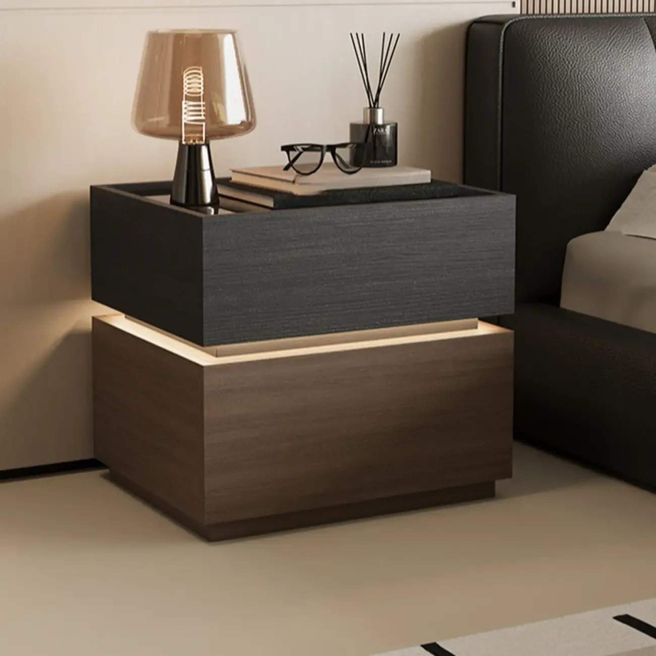 Illuminated Modern Wood Glass Nightstand Storage Image - 8