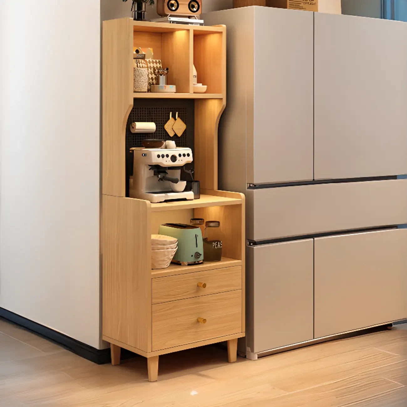 Modern Narrow Wood Kitchen Sideboard Open Storage Image - 9