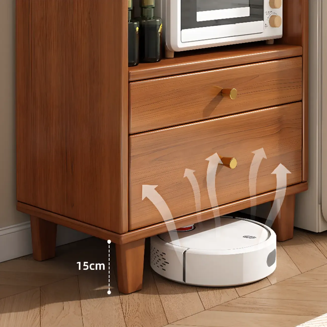 Modern Narrow Wood Kitchen Sideboard Open Storage Image - 15