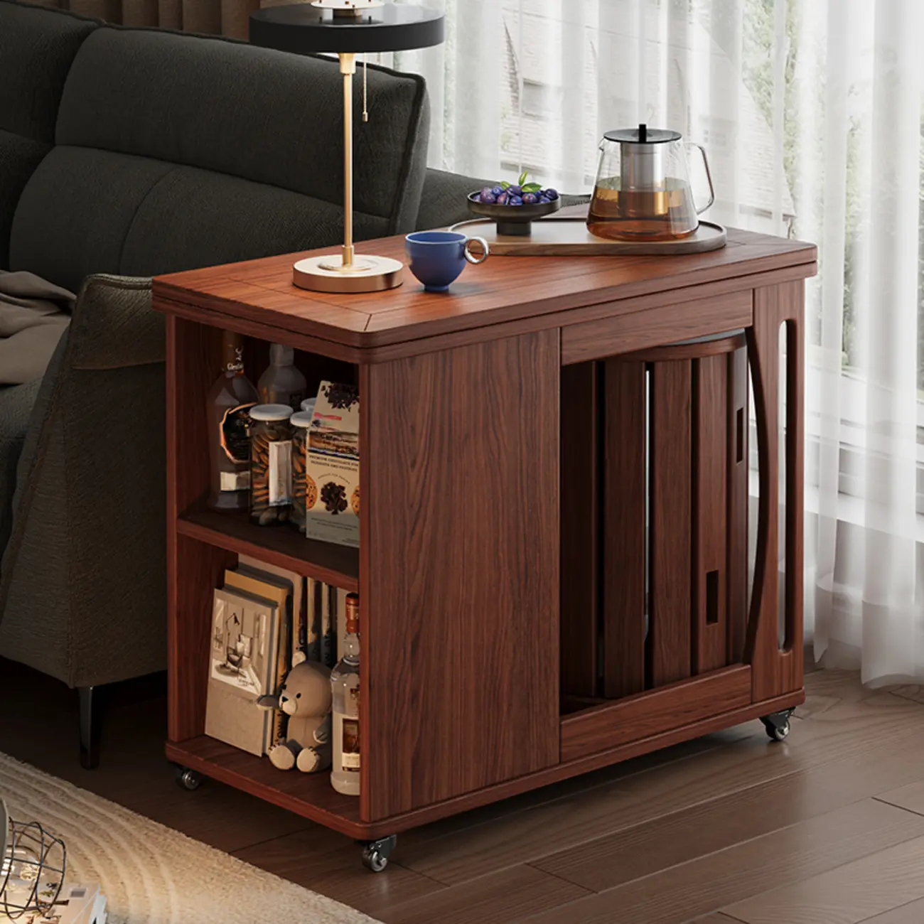 Folding Top Open Storage Wood Side Table with Wheels Image - 1 | homeyfad