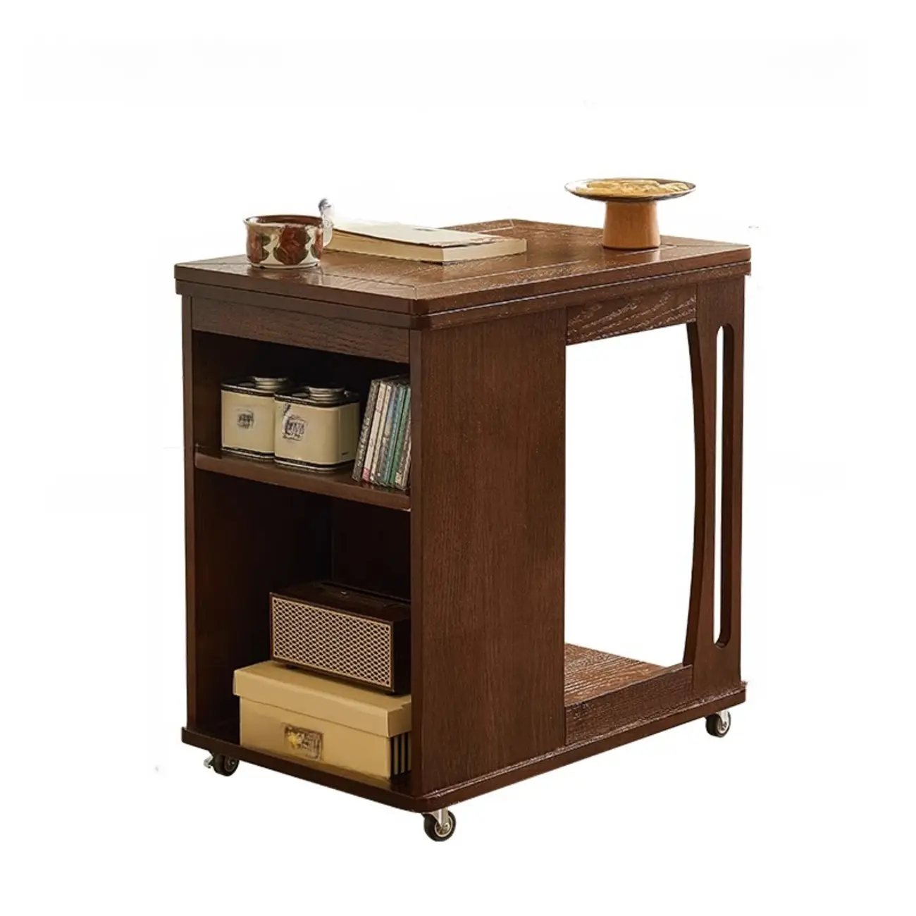 Folding Top Open Storage Wood Side Table with Wheels Image - 4 | homeyfad