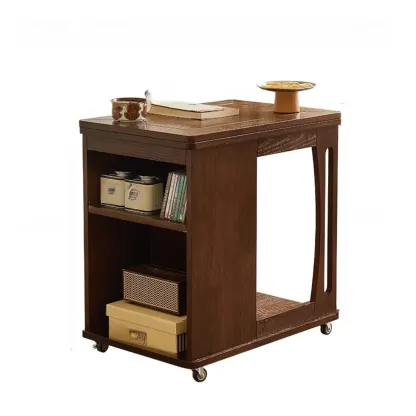 Folding Top Open Storage Wood Side Table with Wheels Image - 4