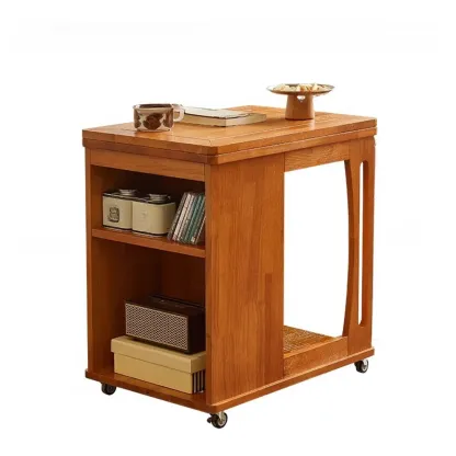 Folding Top Open Storage Wood Side Table with Wheels Image - 5
