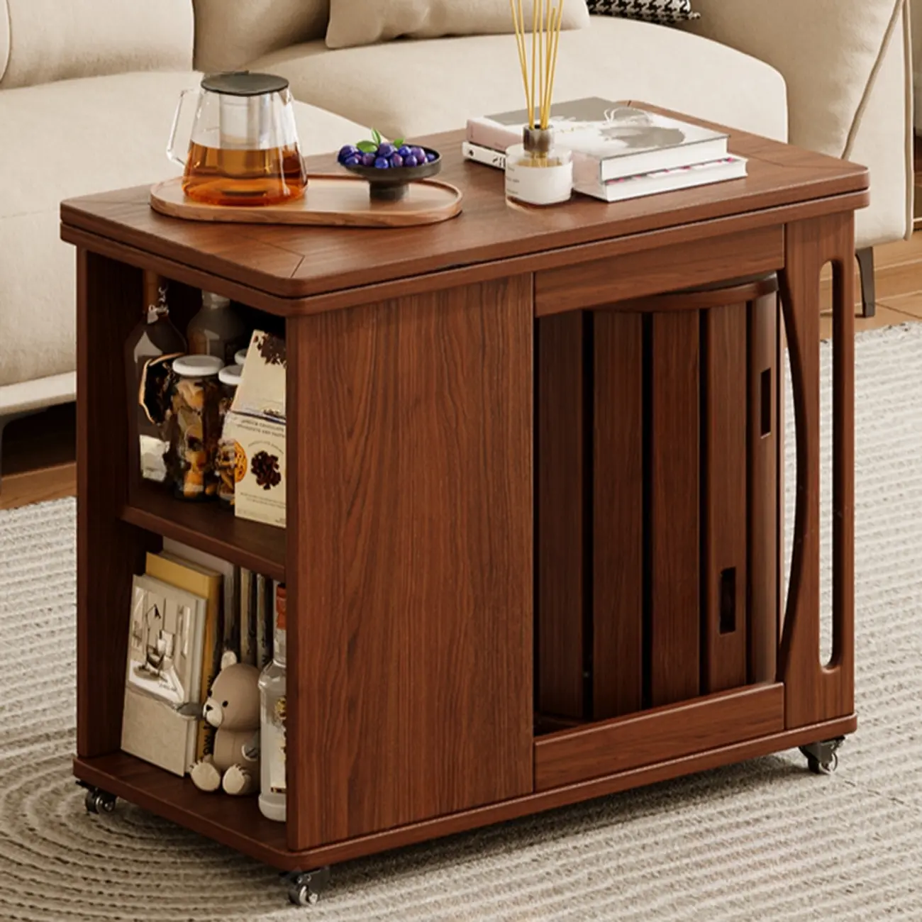 Folding Top Open Storage Wood Side Table with Wheels Image - 3 | homeyfad