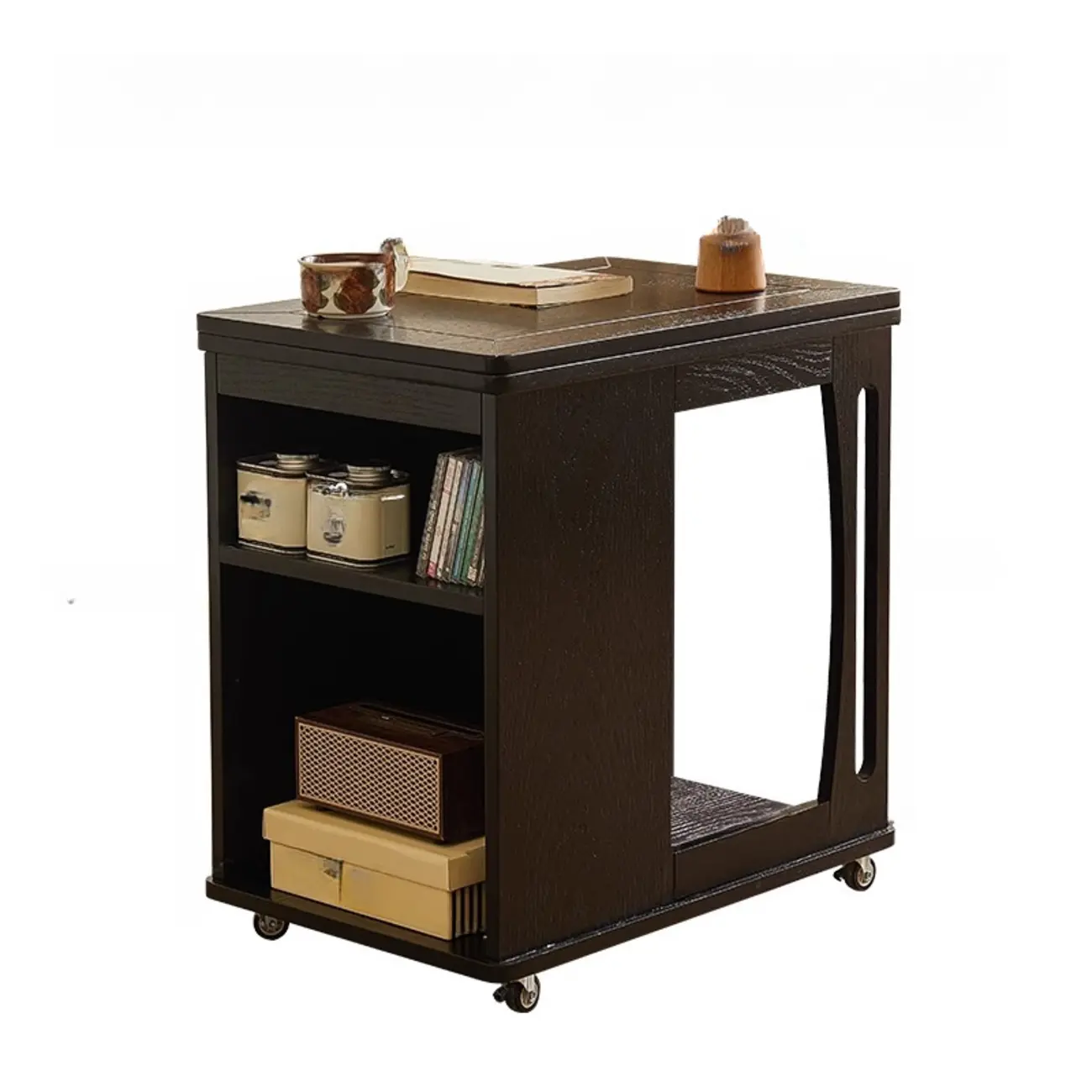 Folding Top Open Storage Wood Side Table with Wheels Image - 6 | homeyfad