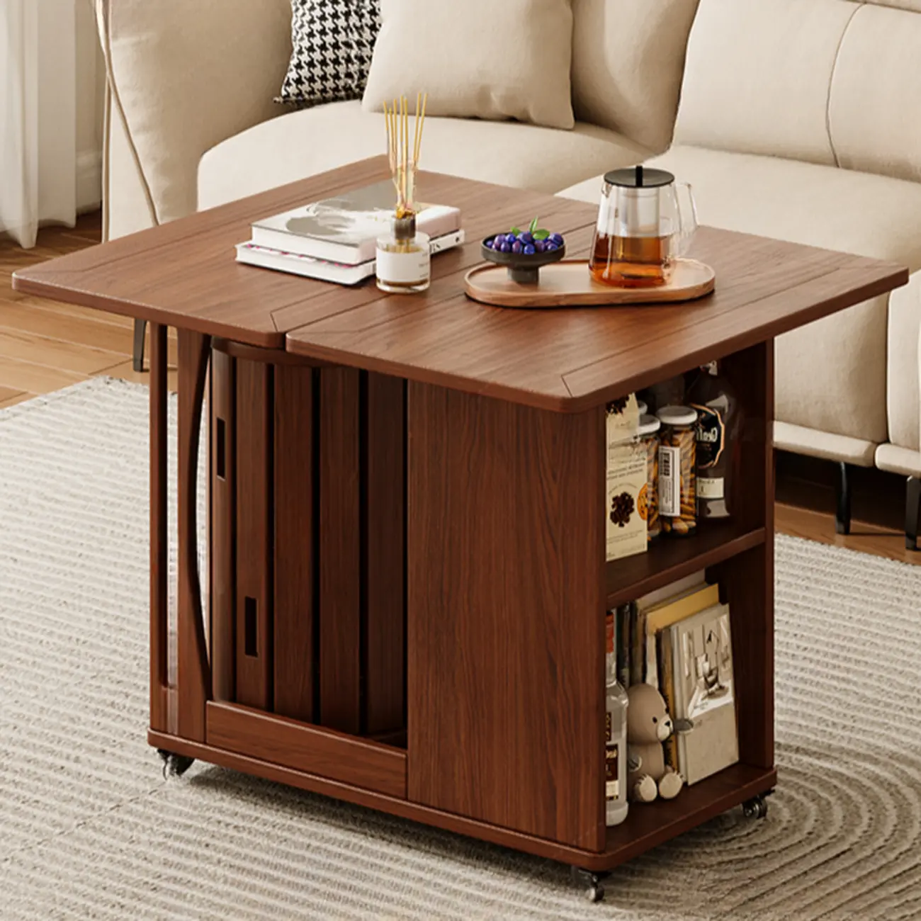 Folding Top Open Storage Wood Side Table with Wheels Image - 2 | homeyfad