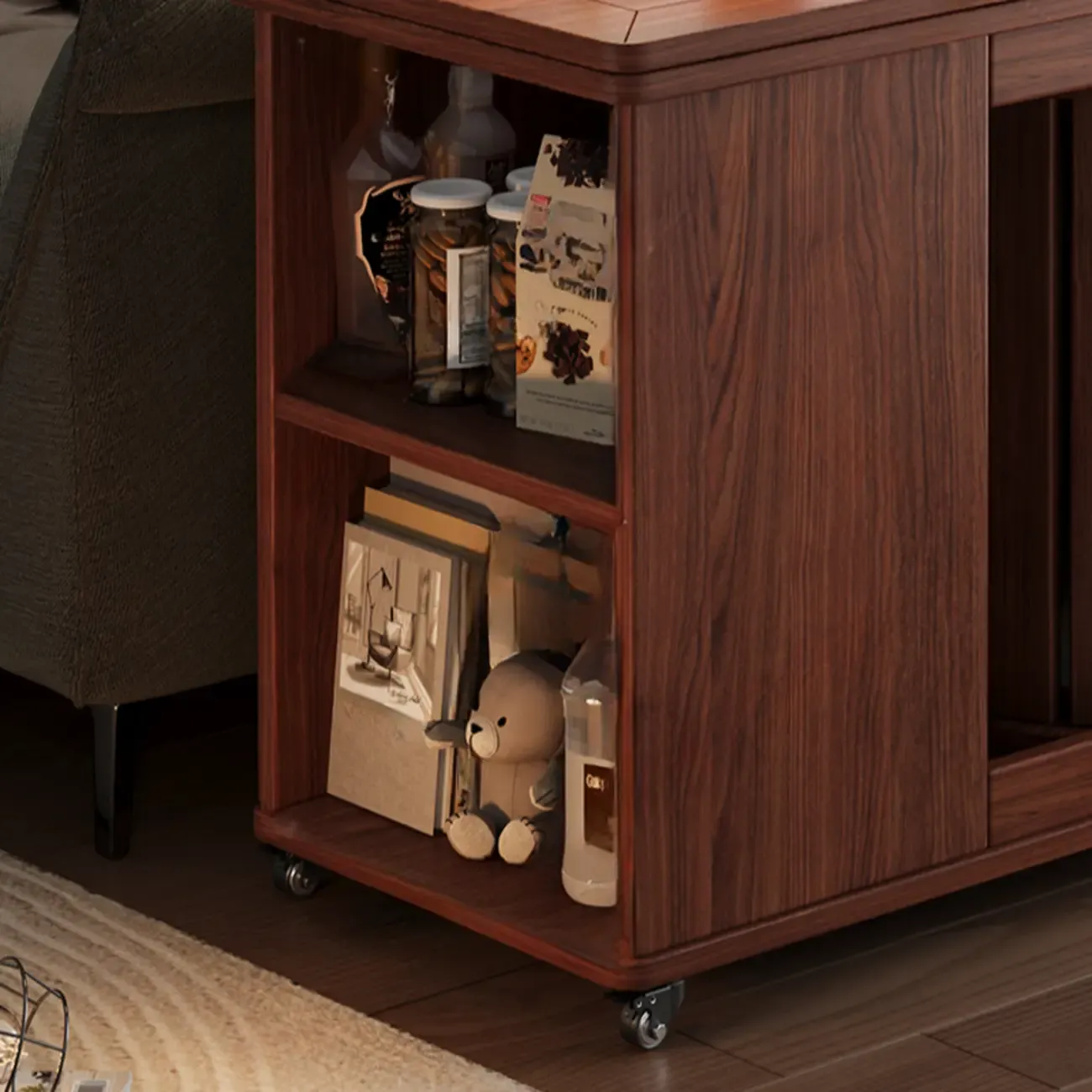 Folding Top Open Storage Wood Side Table with Wheels Image - 8