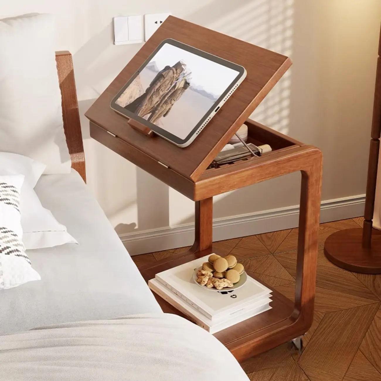 Adjustable Tabletop Wood C Shaped Side Table with Wheels Image - 1 | homeyfad