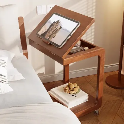 Adjustable Tabletop Wood C Shaped Side Table with Wheels Image - 1