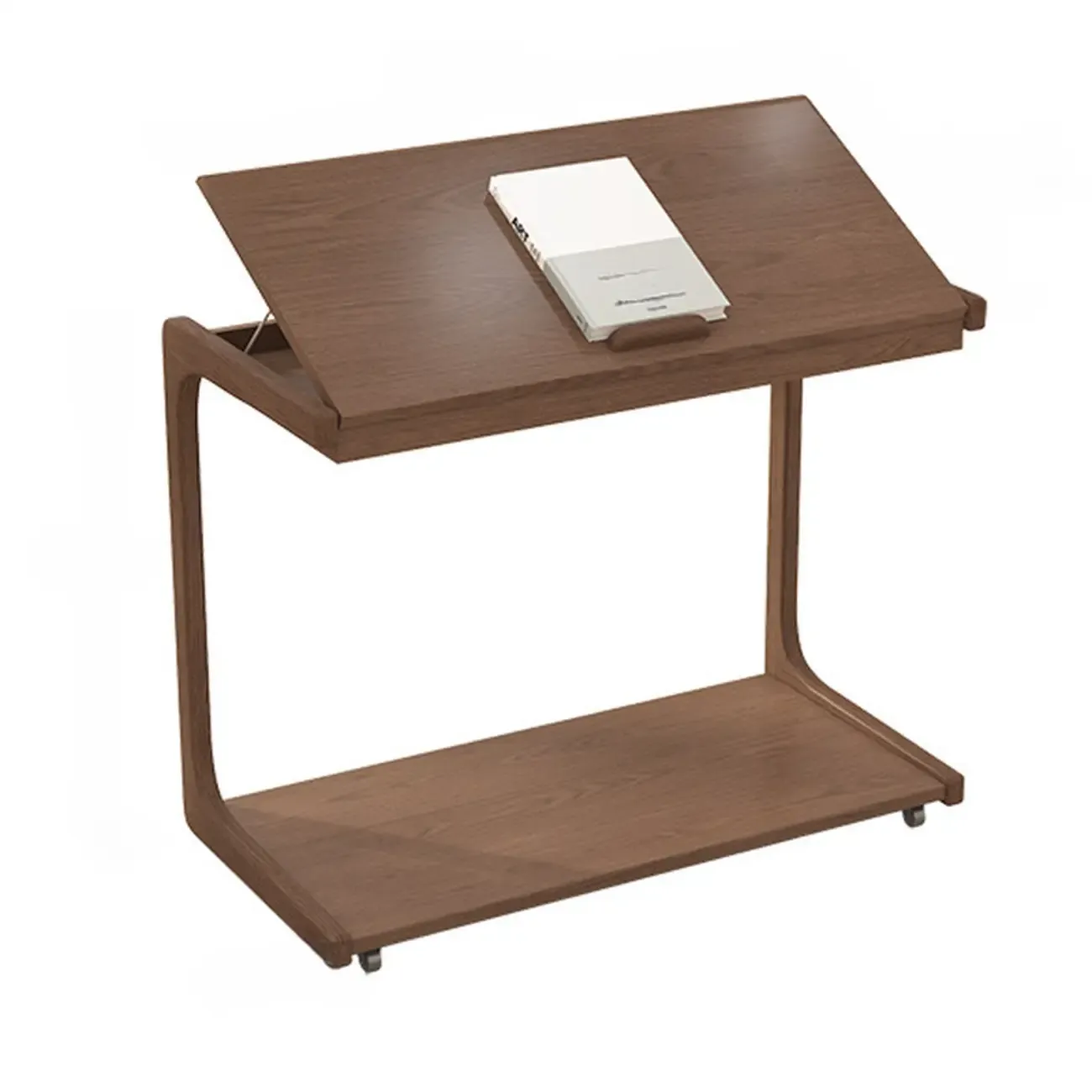 Adjustable Tabletop Wood C Shaped Side Table with Wheels Image - 2
