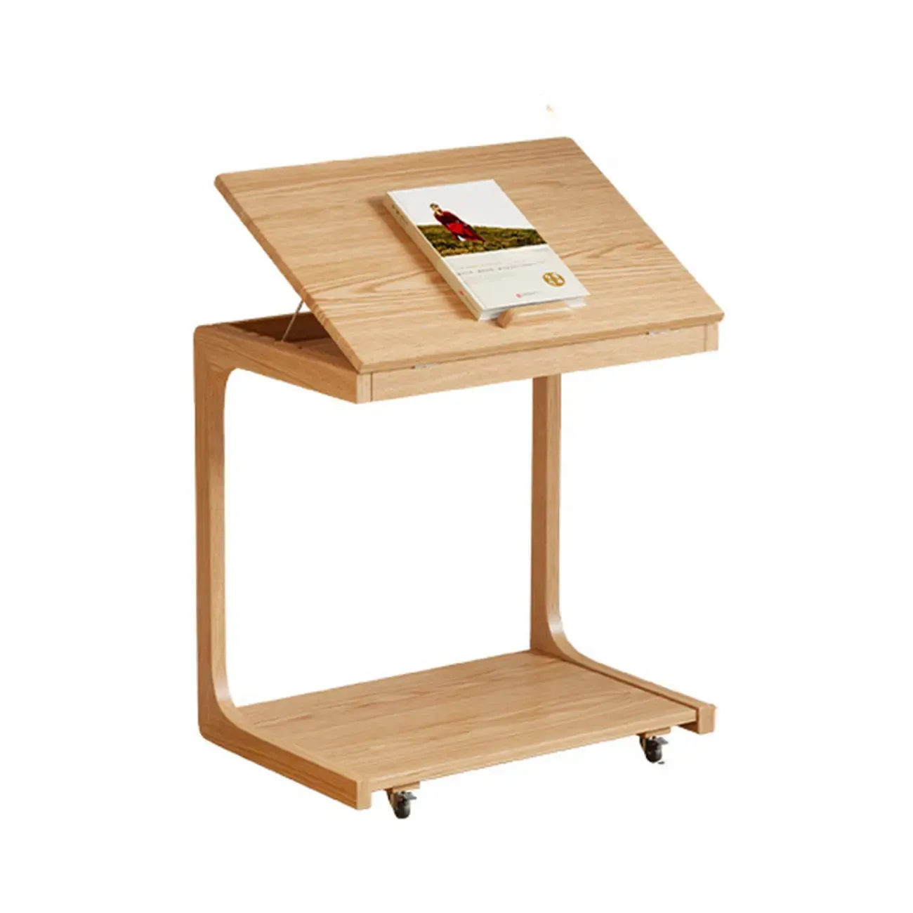 Adjustable Tabletop Wood C Shaped Side Table with Wheels Image - 3