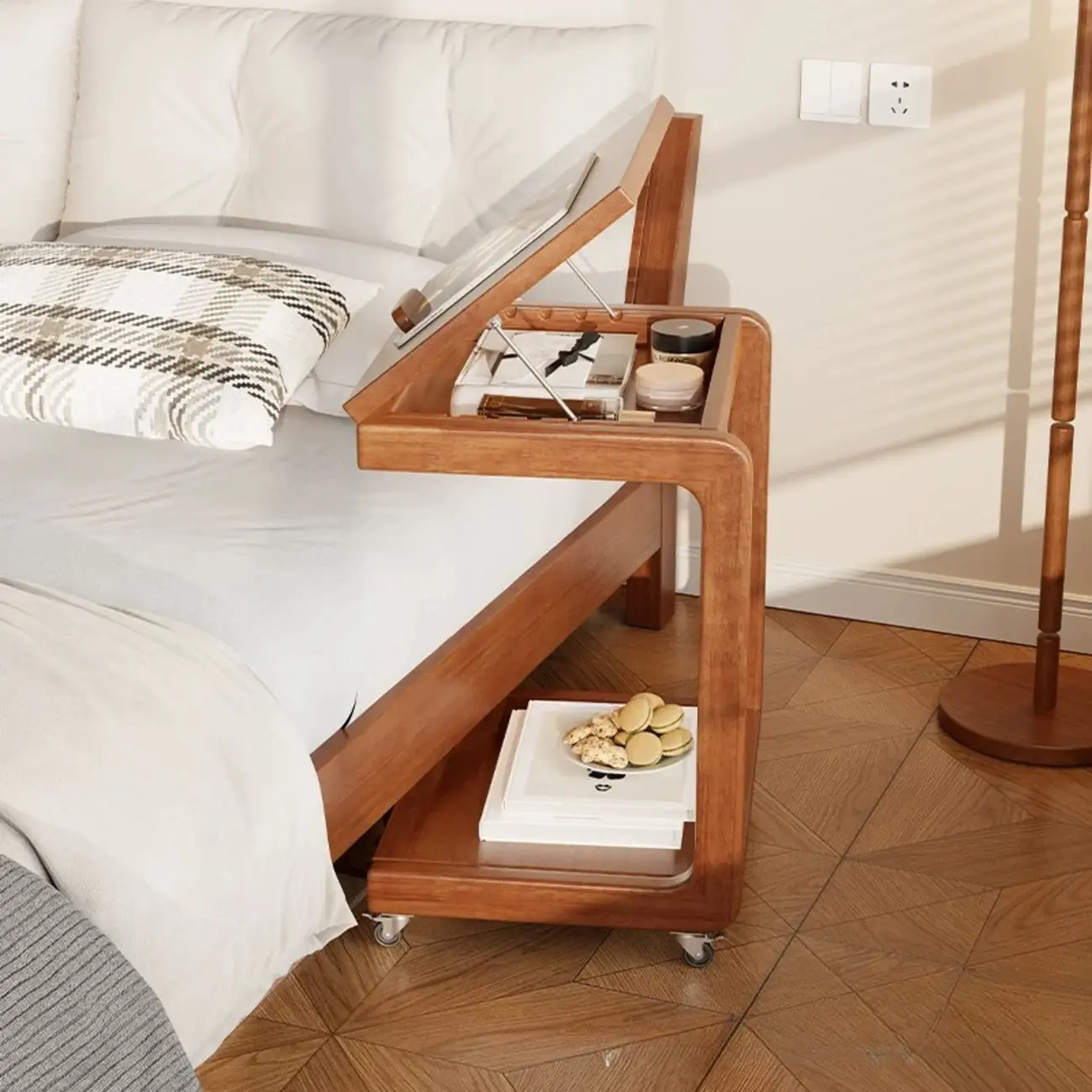 Adjustable Tabletop Wood C Shaped Side Table with Wheels Image - 4 | homeyfad