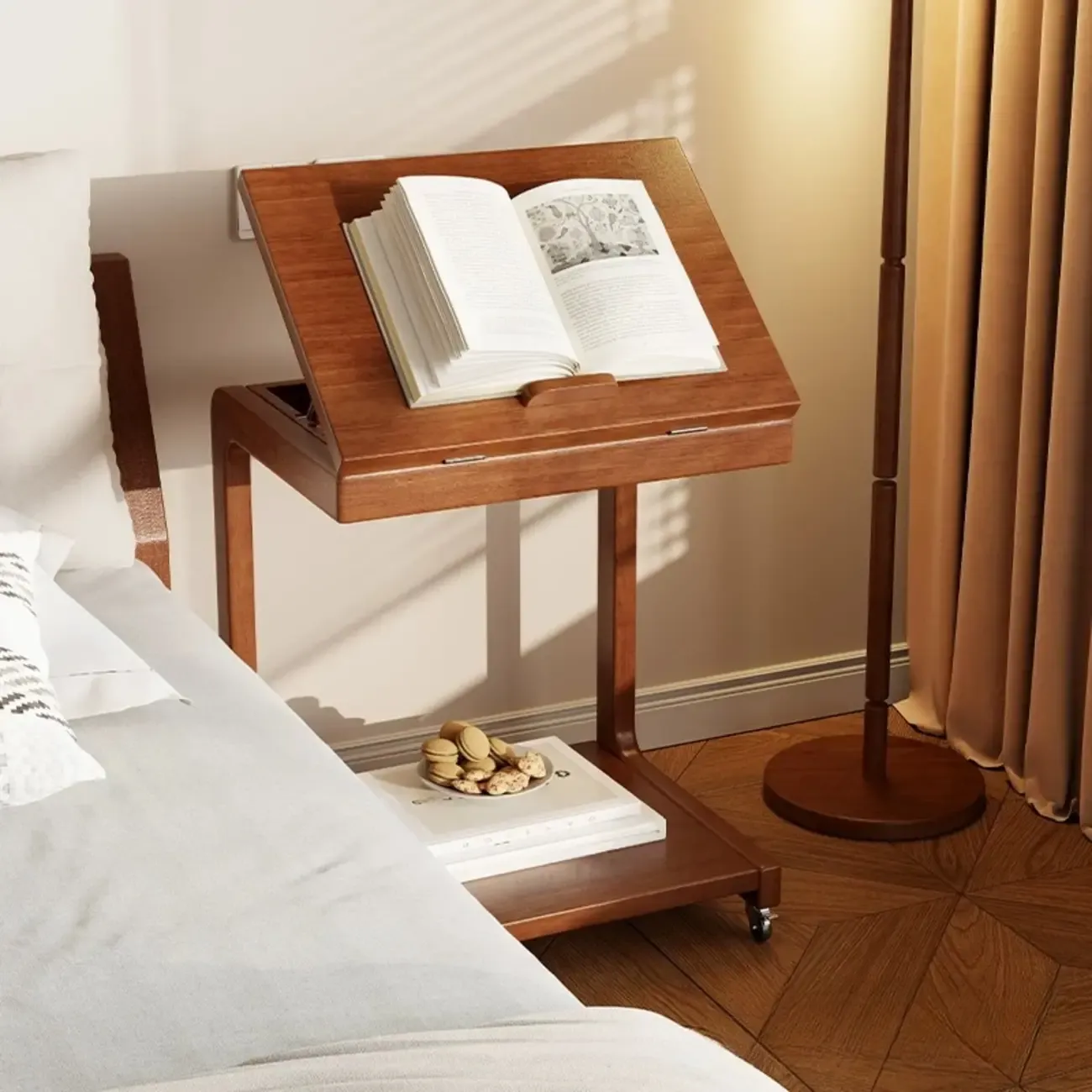 Adjustable Tabletop Wood C Shaped Side Table with Wheels Image - 6