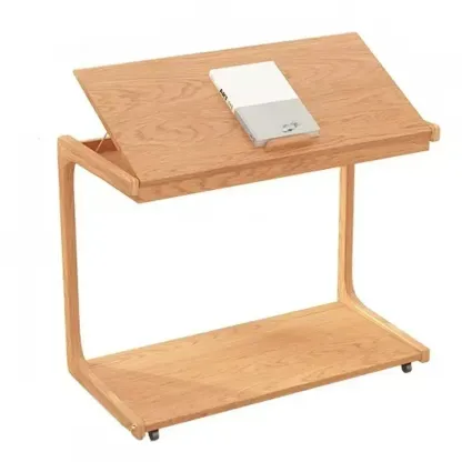 Adjustable Tabletop Wood C Shaped Side Table with Wheels Image - 7