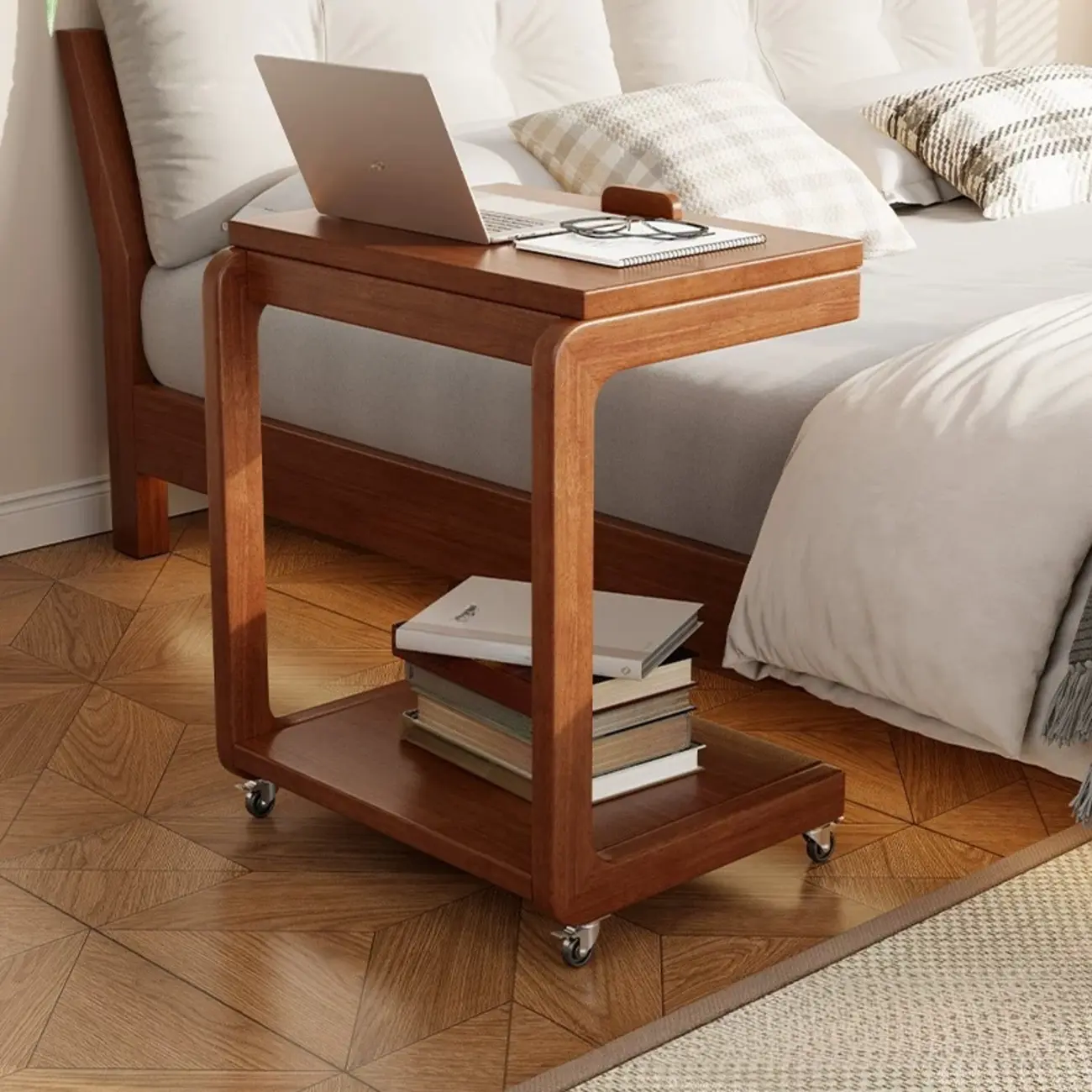 Adjustable Tabletop Wood C Shaped Side Table with Wheels Image - 8 | homeyfad