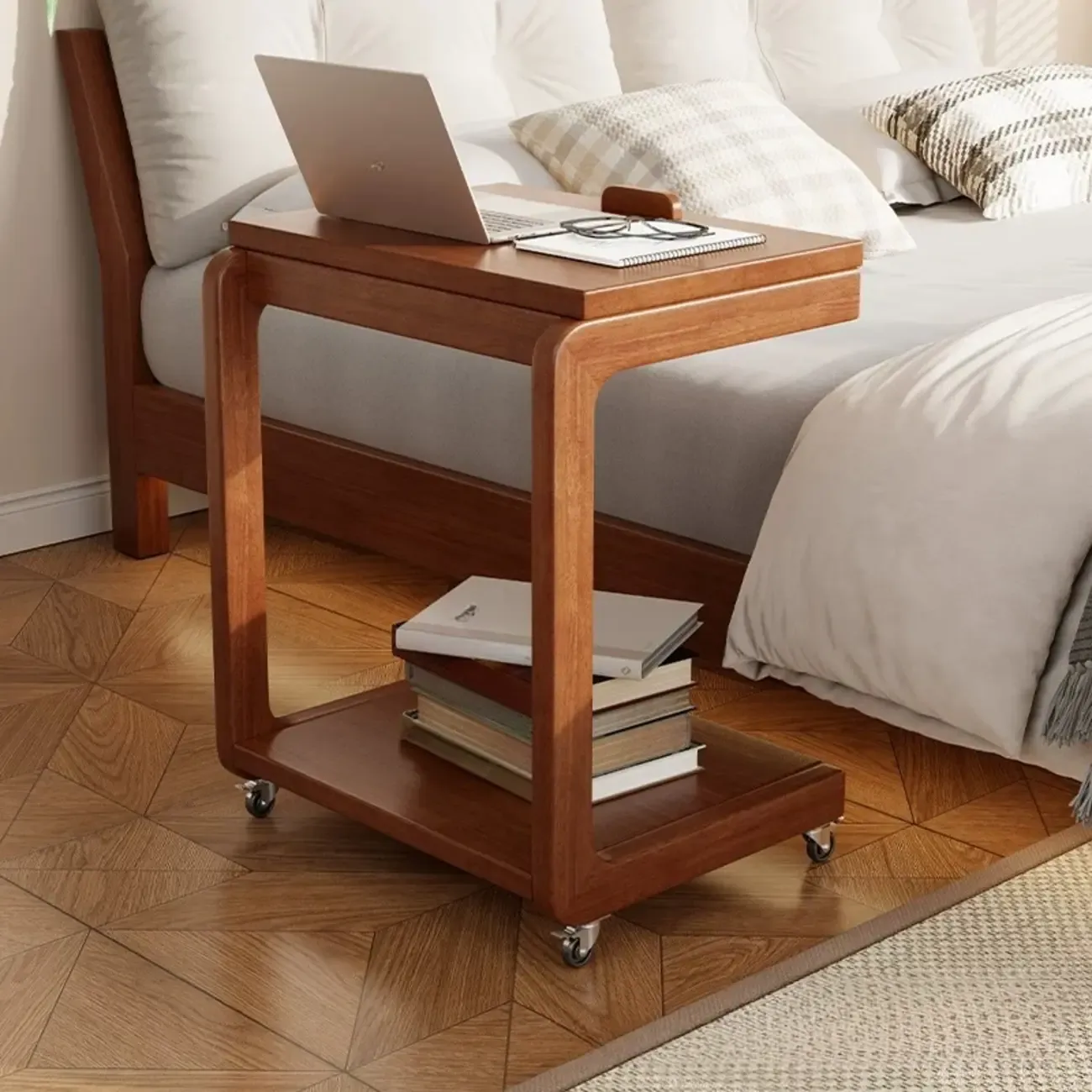 Adjustable Tabletop Wood C Shaped Side Table with Wheels Image - 8