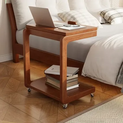 Adjustable Tabletop Wood C Shaped Side Table with Wheels Image - 8