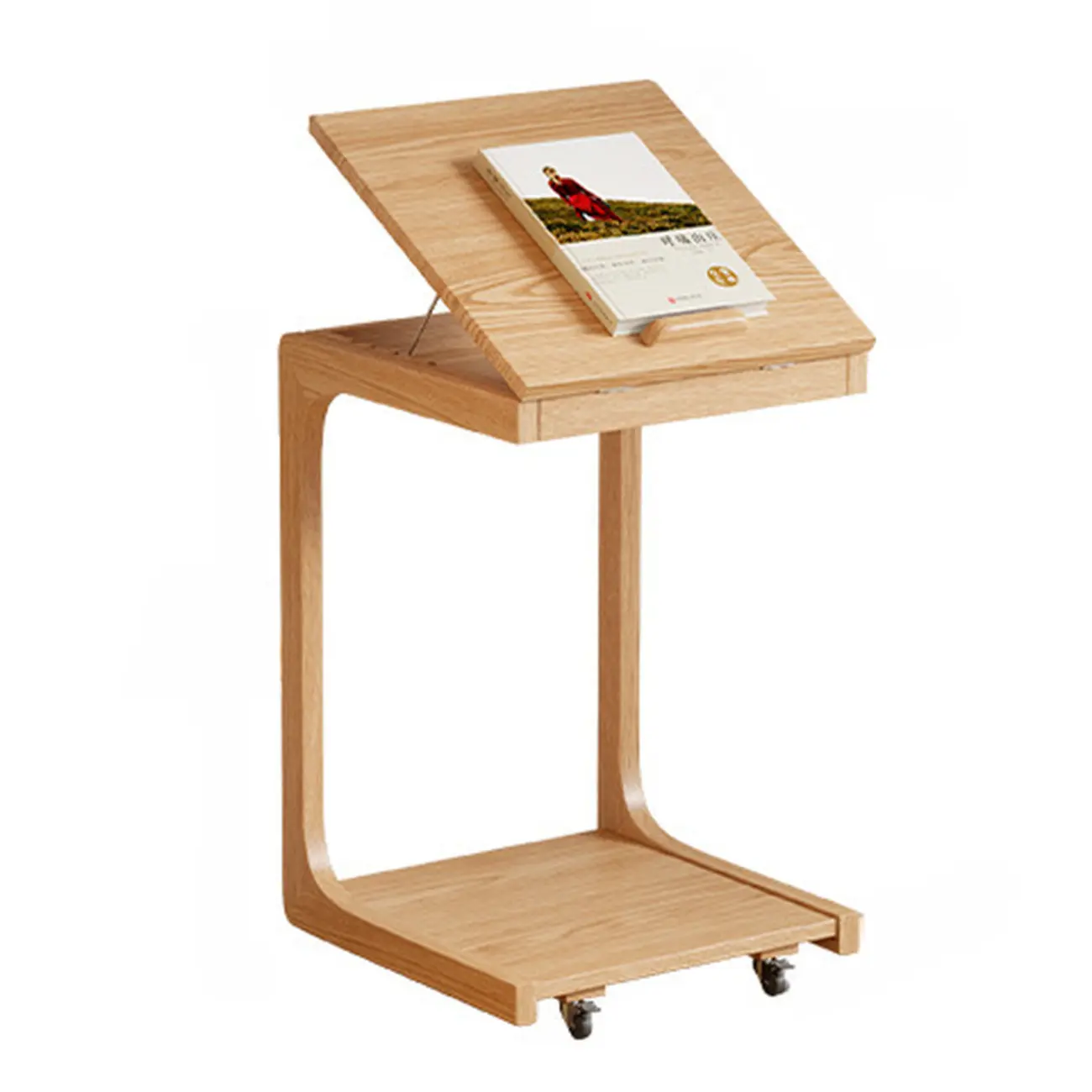 Adjustable Tabletop Wood C Shaped Side Table with Wheels Image - 11 | homeyfad