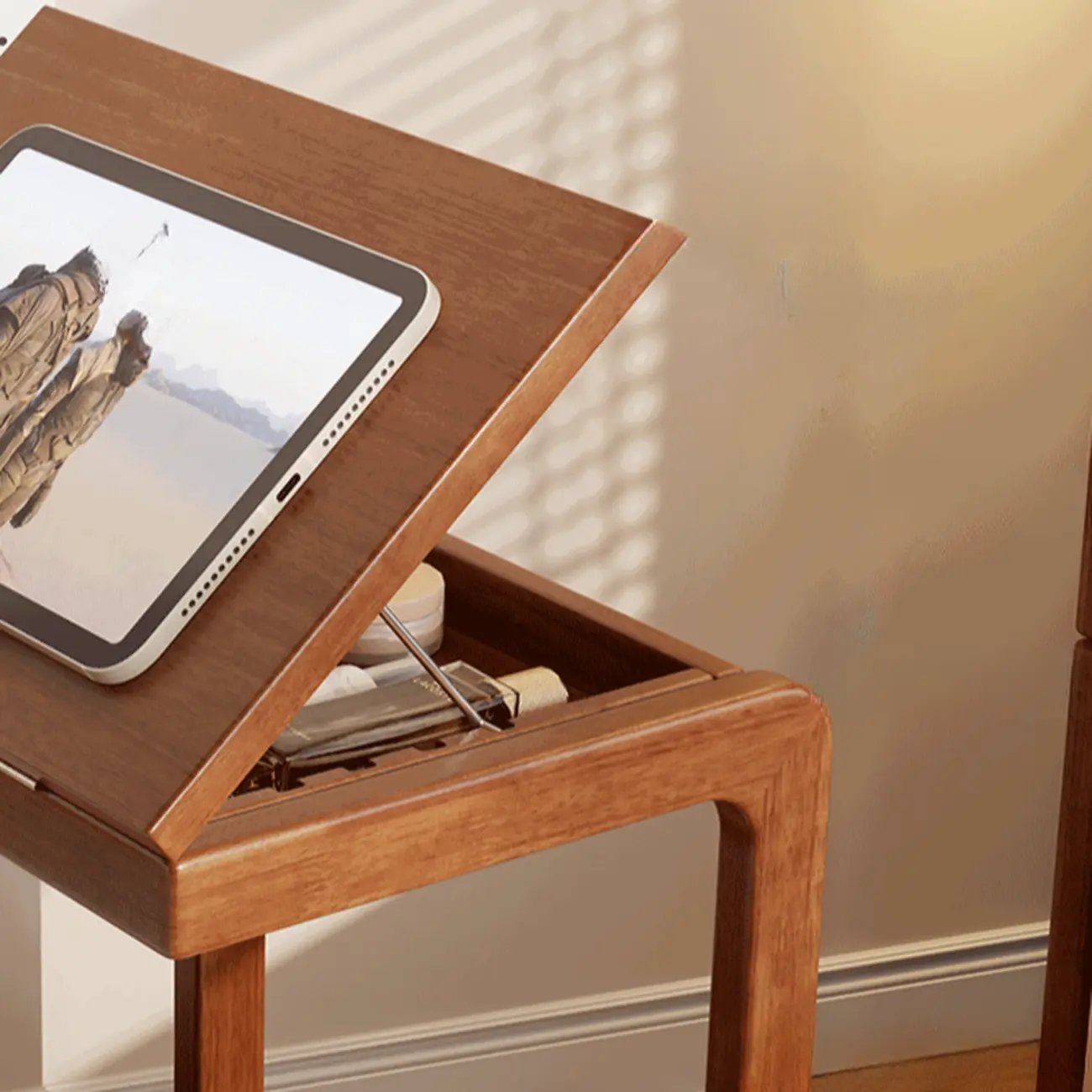 Adjustable Tabletop Wood C Shaped Side Table with Wheels Image - 12 | homeyfad