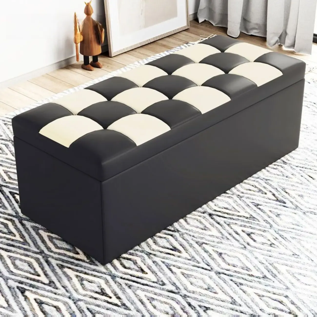 Modern Upholstered Leather Bedroom Bench with Storage Image - 1
