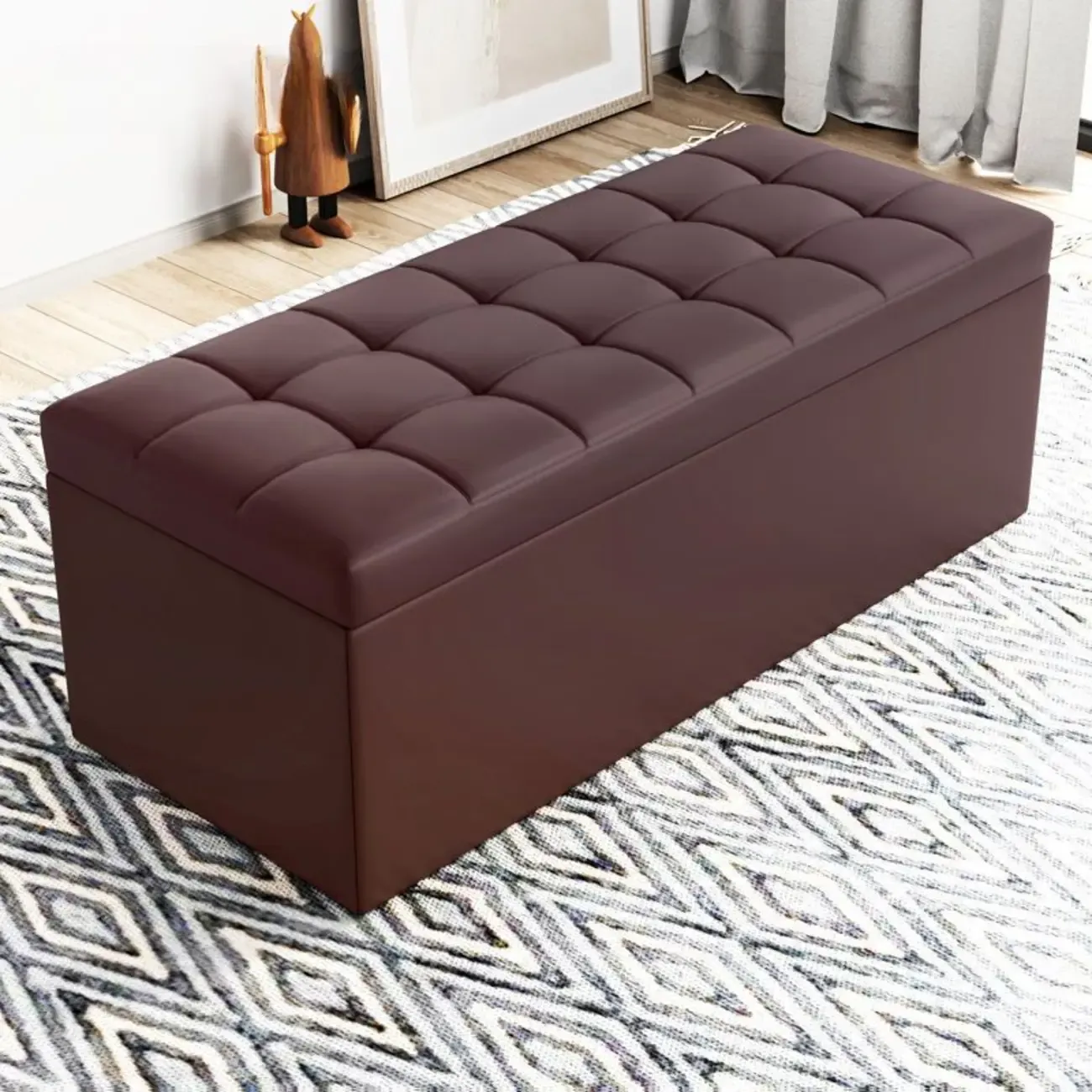 Modern Upholstered Leather Bedroom Bench with Storage Image - 5