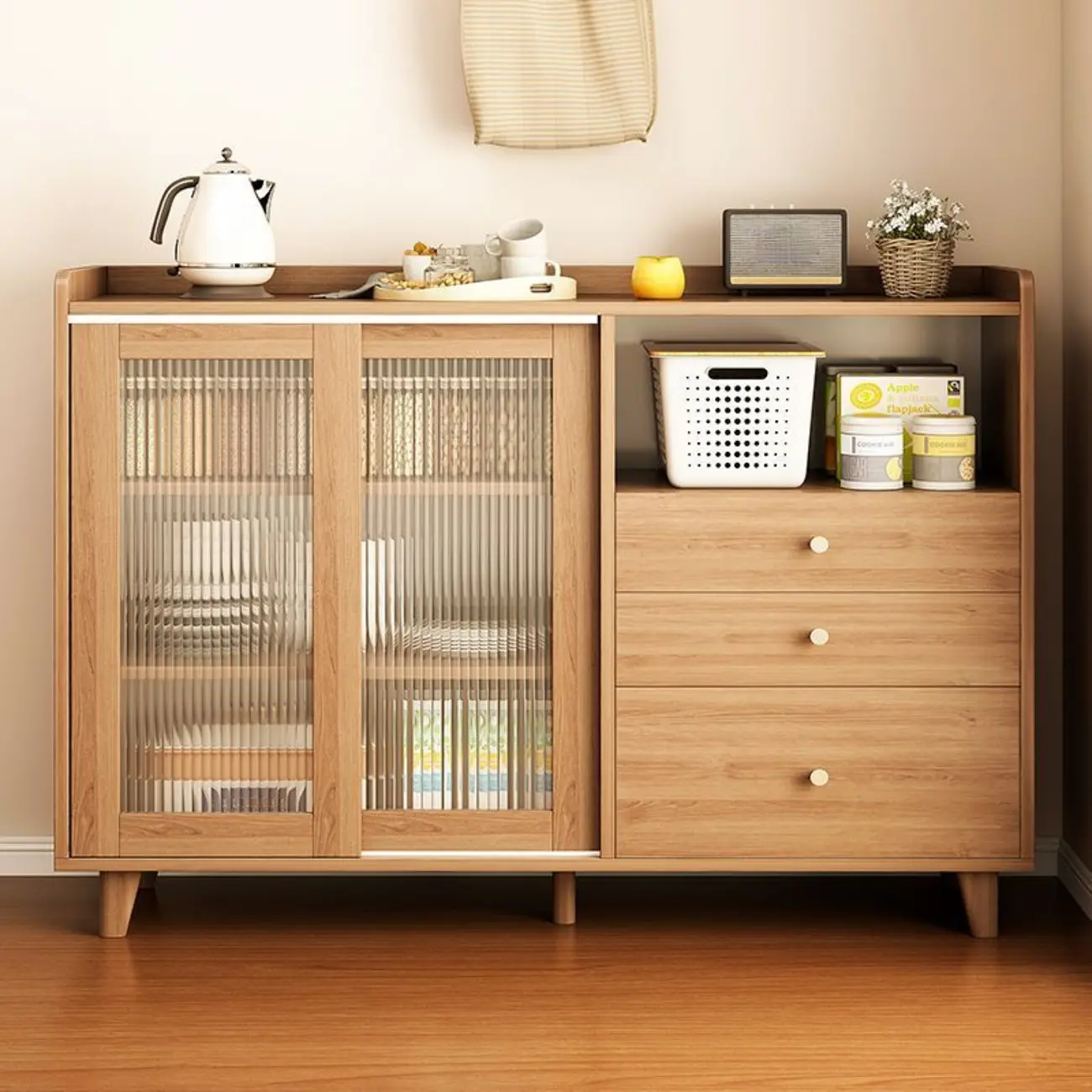 Modern Wood Narrow Sideboard with Sliding Doors Image - 3 | homeyfad