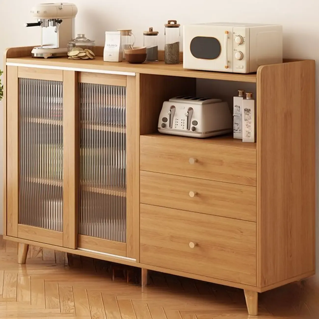 Modern Wood Narrow Sideboard with Sliding Doors Image - 4