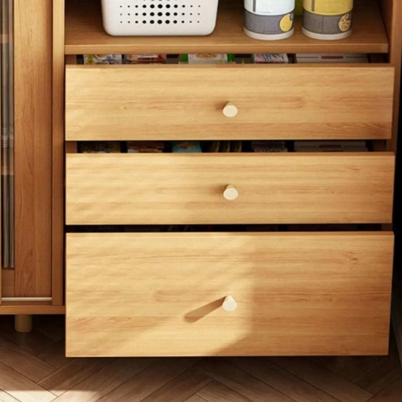 Modern Wood Narrow Sideboard with Sliding Doors Image - 6